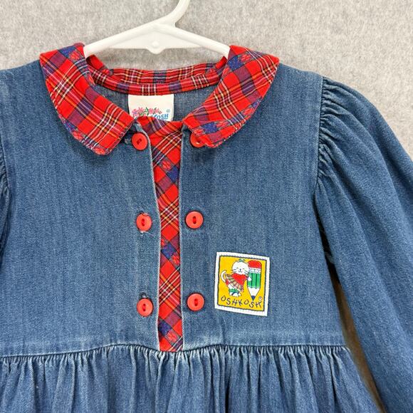 Vintage Oshkosh B'Gosh Denim Dress Size 3T Plaid School Cat Crayon Country - Picture 3 of 16